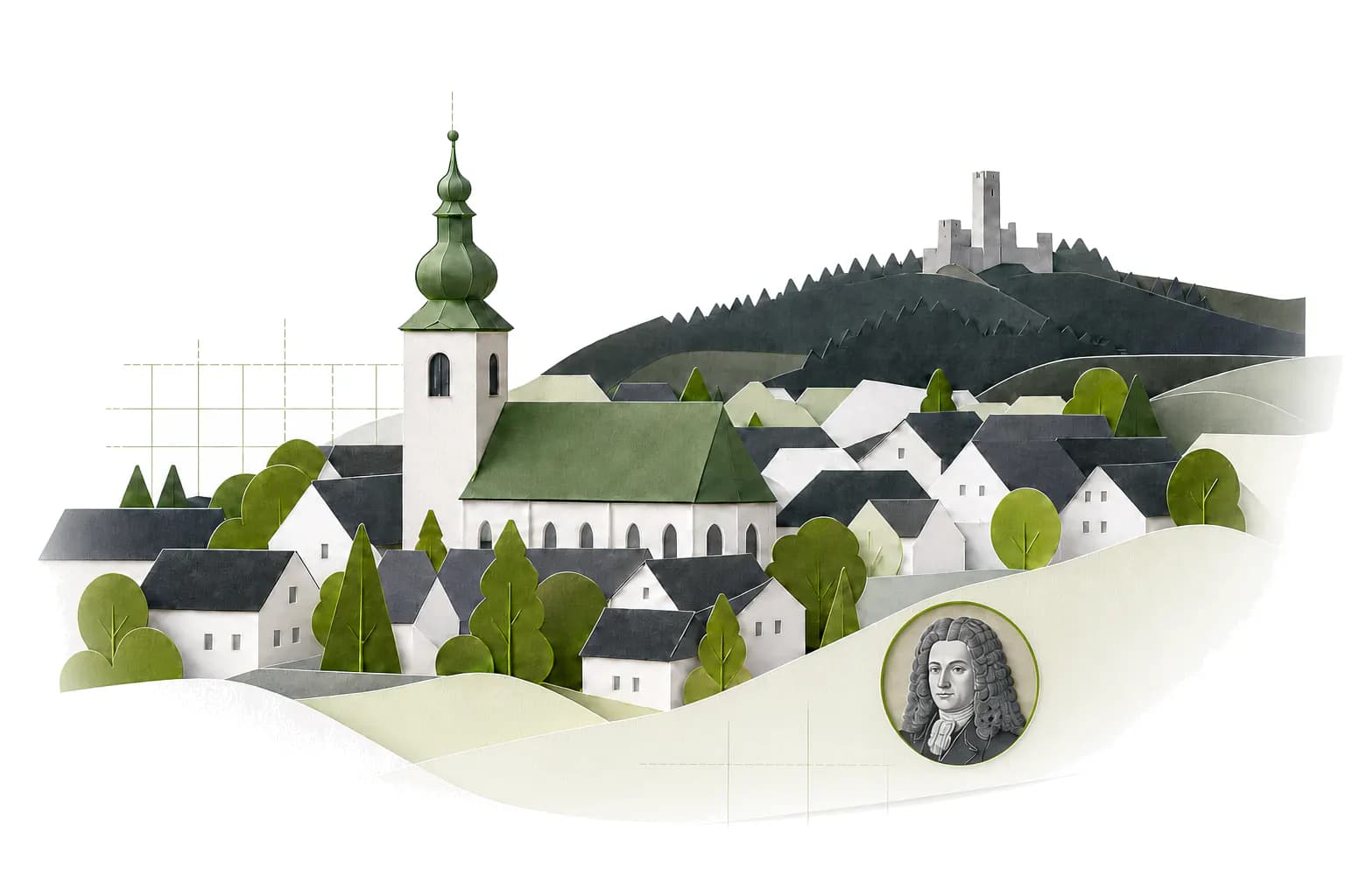 Stilisierte KiWichtel-Illustration mit Motiven aus Oberviechtach: Kirchturm, Burg Murach und Dr. Eisenbarth