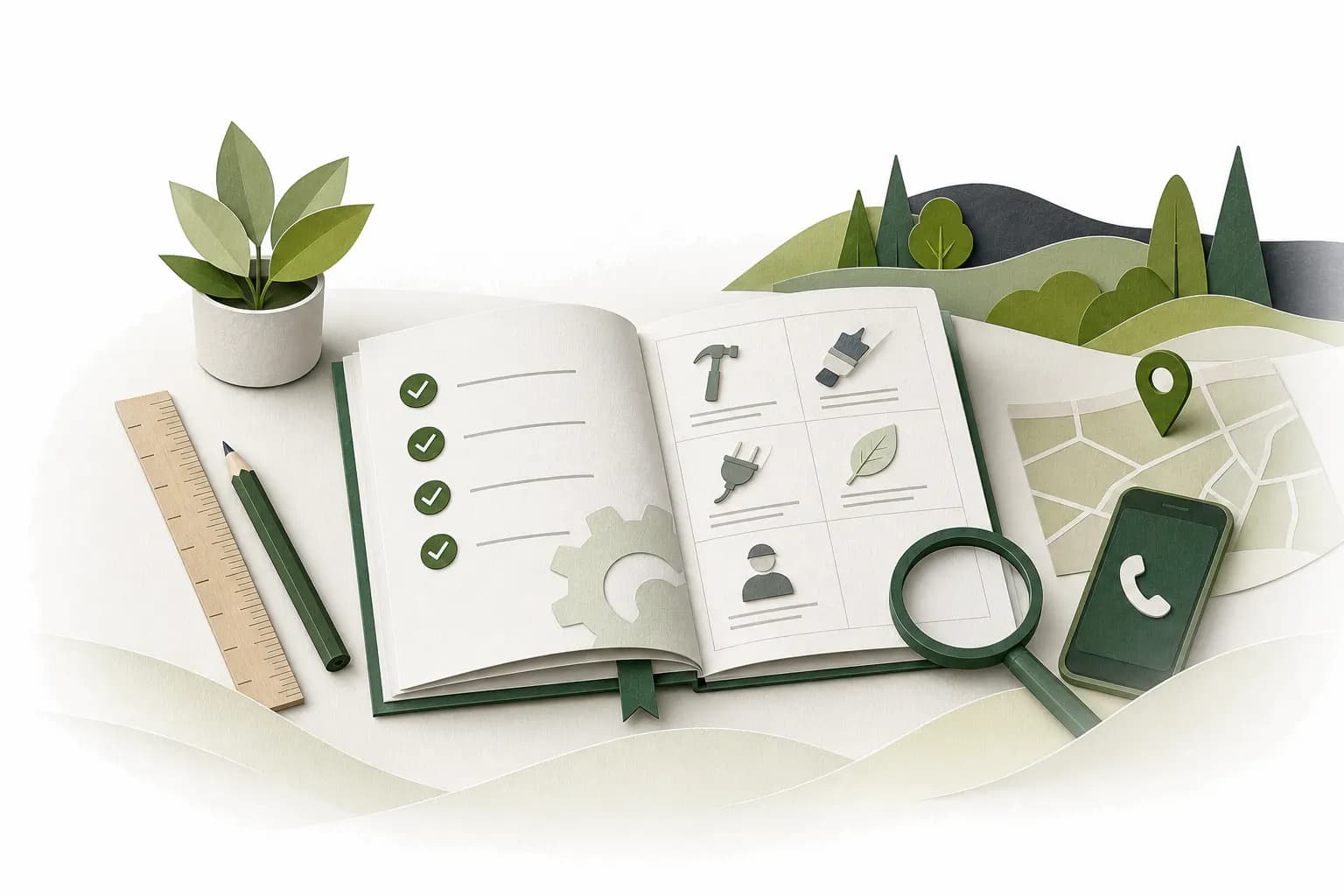 Stilisierte KiWichtel-Illustration eines praktischen Ratgebers mit Checkliste, Werkzeug, Karte und Lupe