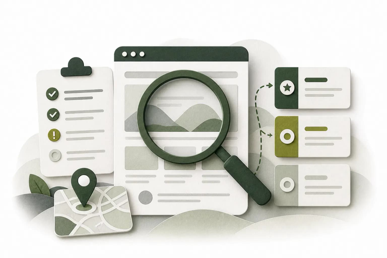 Stilisierte KiWichtel-Illustration einer Website-Prüfung mit Lupe, Checkliste, Standort und priorisiertem Maßnahmenplan