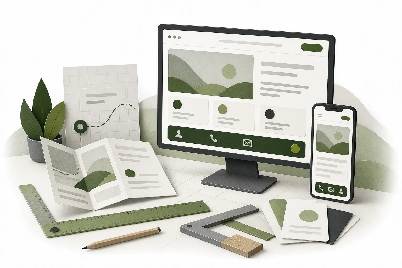 Stilisierte KiWichtel-Illustration einer digitalen Werkbank mit Website auf Desktop und Smartphone