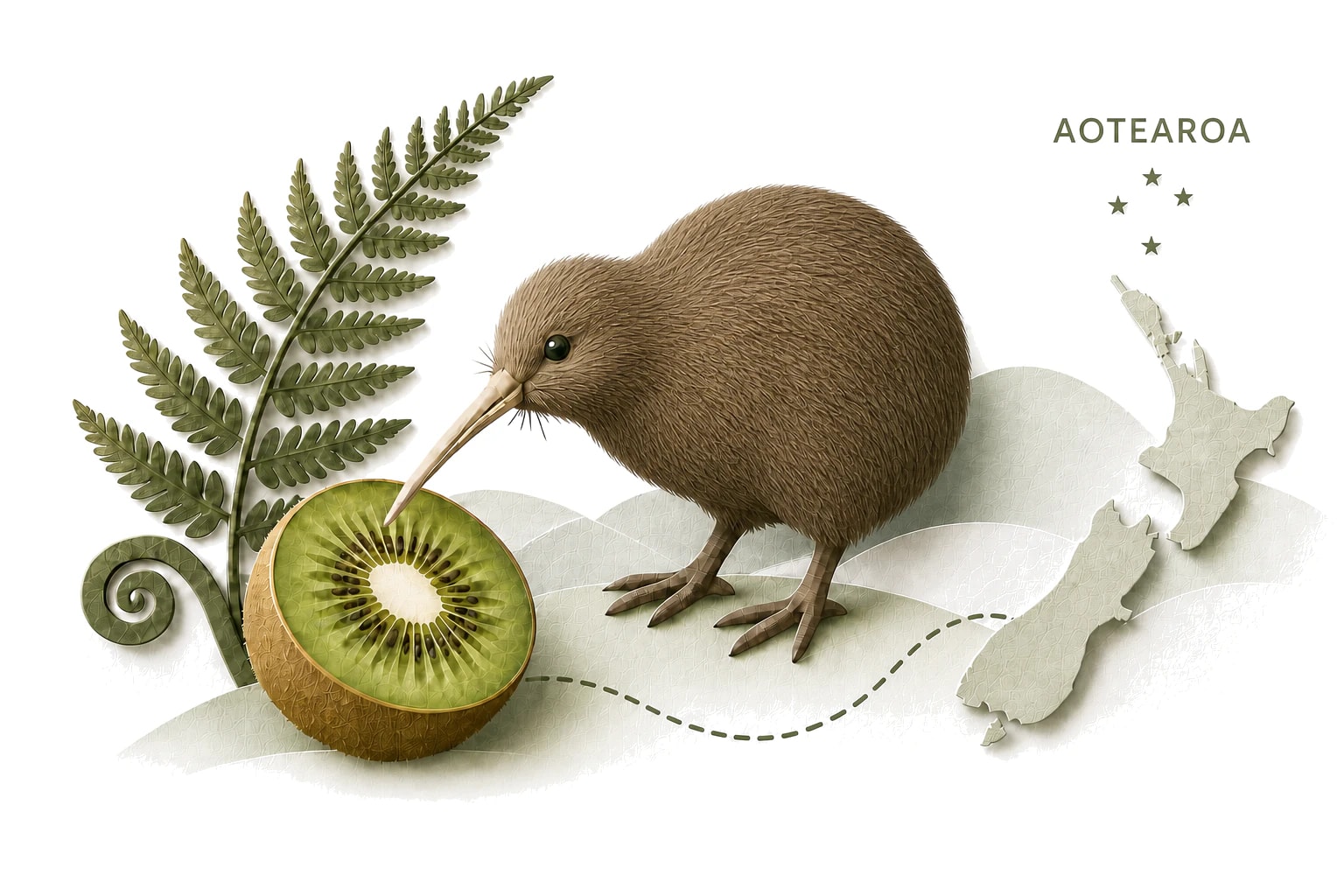 Stilisierte KiWichtel-Illustration mit Kiwi-Vogel, Kiwi-Frucht, Neuseeland, Aotearoa-Schriftzug und Southern Cross