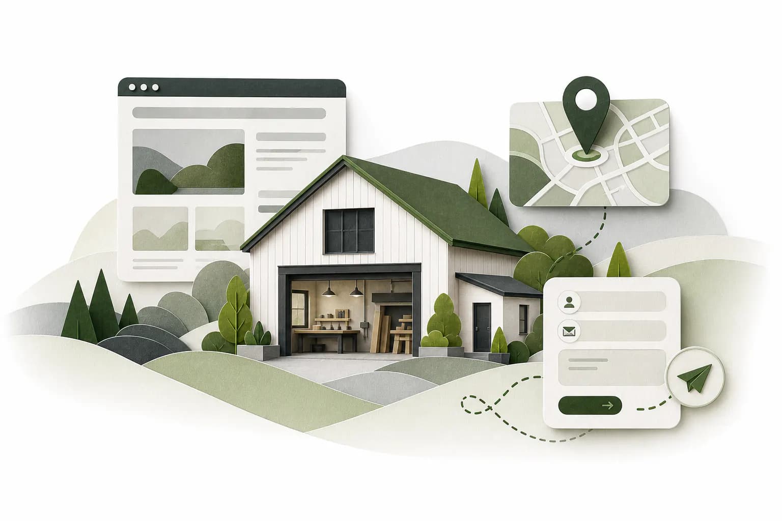Stilisierte KiWichtel-Illustration eines Handwerksbetriebs mit Website, Standort und digitalem Anfrageweg